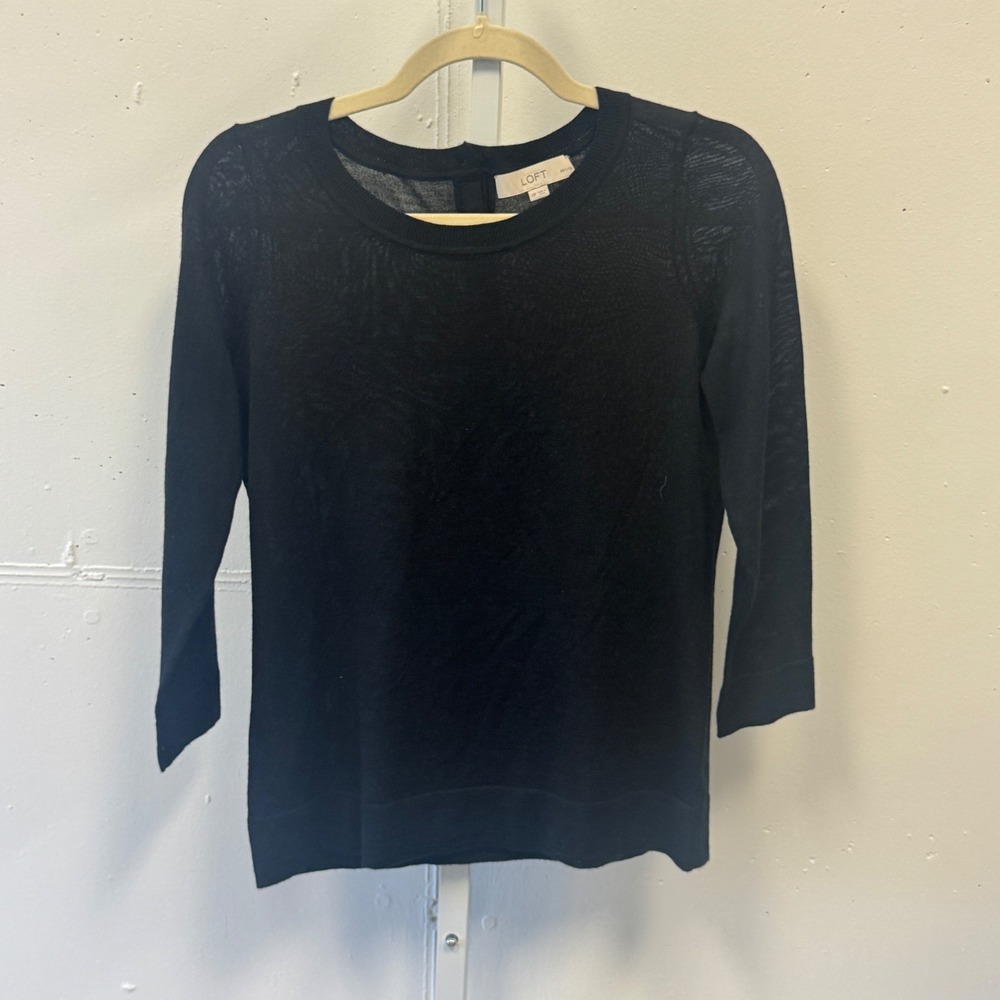 LOFT Petite Black Wool Blend Button Back Crewneck Sweater Size‎ SP Minimalist